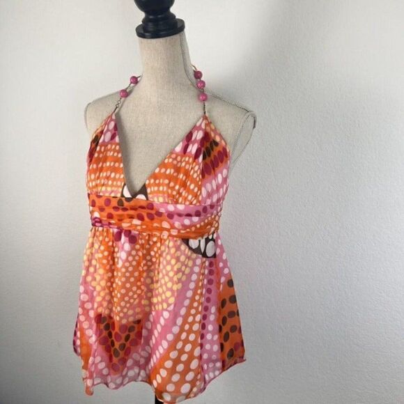 Milly Of New York  VTG Y2K Womens Silk Beaded Halter Top Blouse Orange Polkadot - Picture 6 of 8